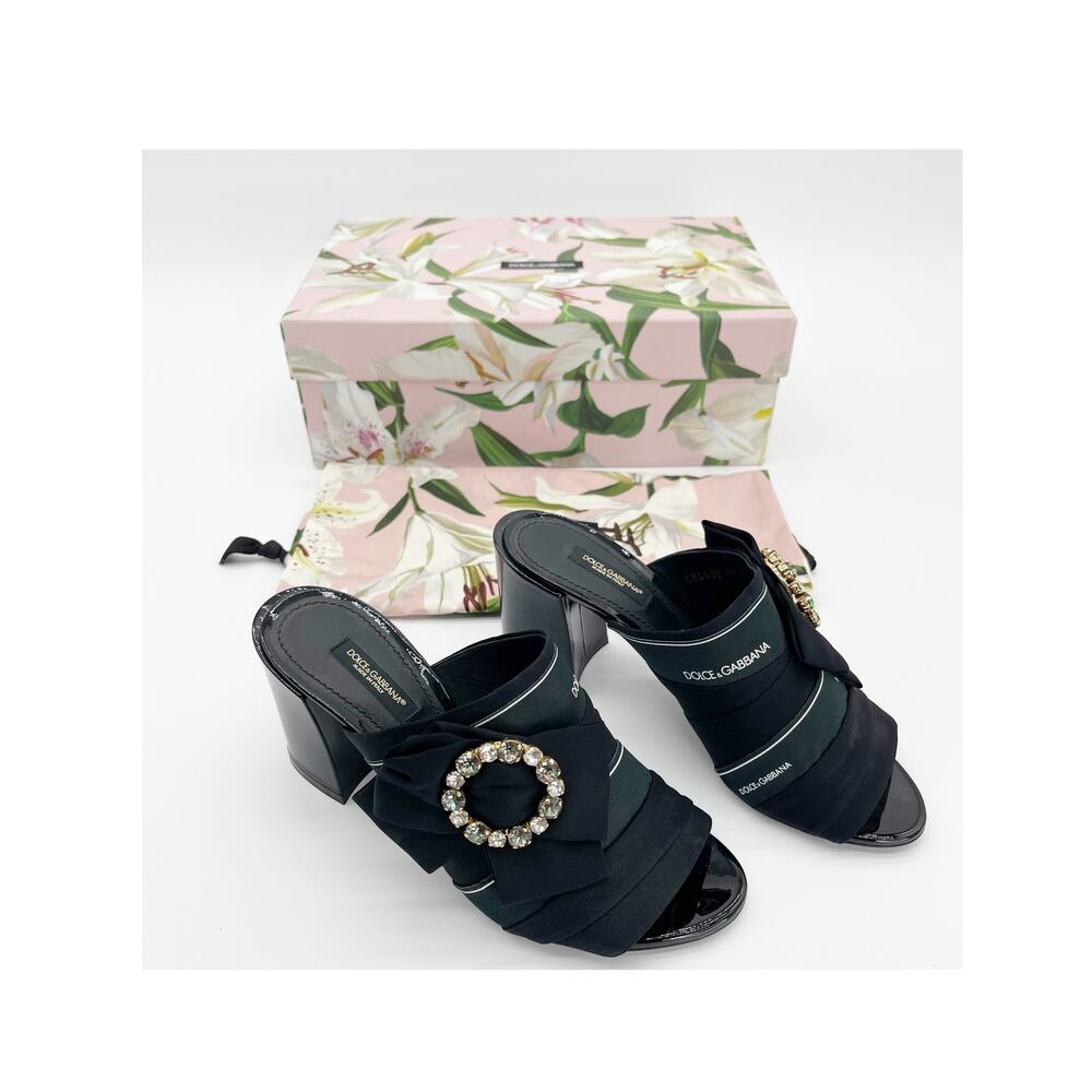 New Dolce & Gabbana Black Crystal Buckle Bow Charmeuse Slide Mule Heels IT 37